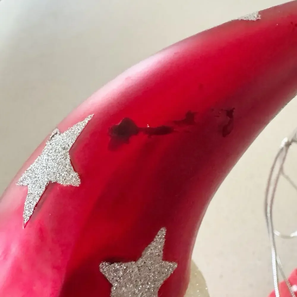 Santa‎ Crescent Moon Ornament Handblown Glass Vtg 11.5”